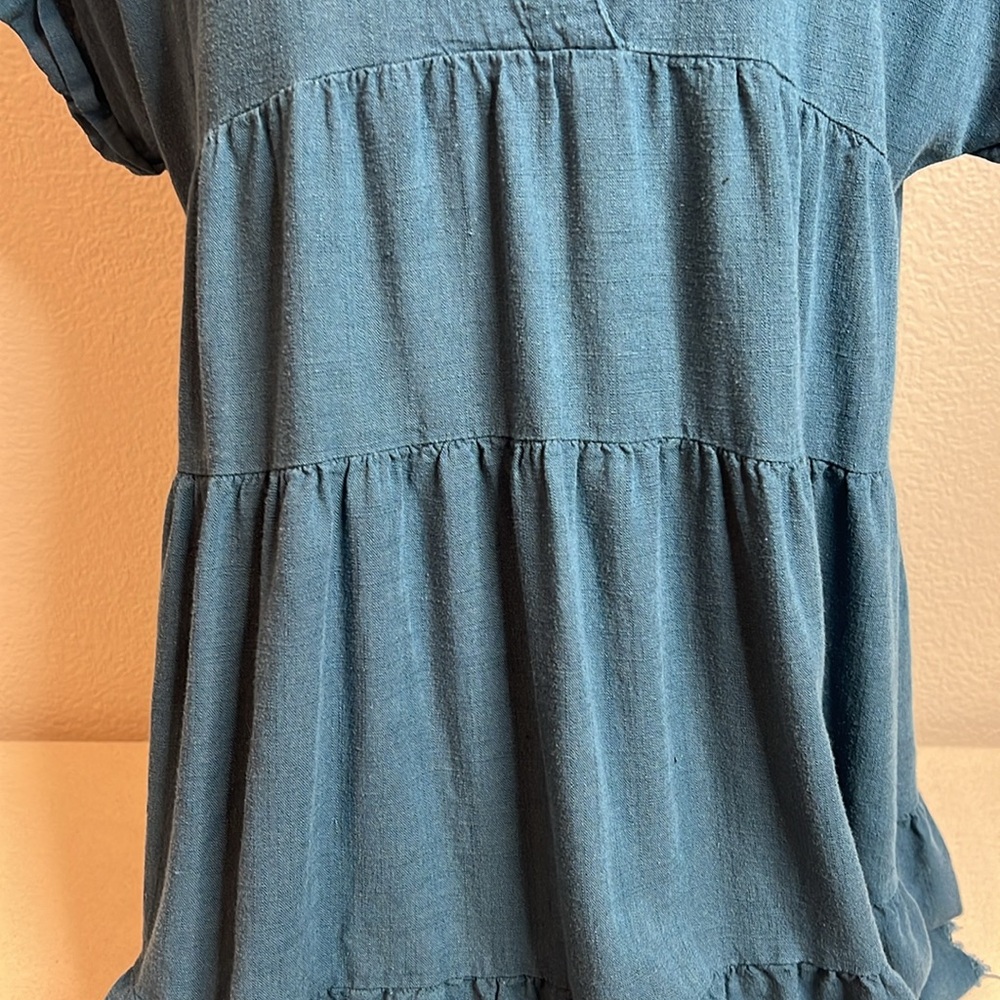 Umgee Teal Tiered Linen Blend Babydoll Dress - Size L - Picture 3 of 8